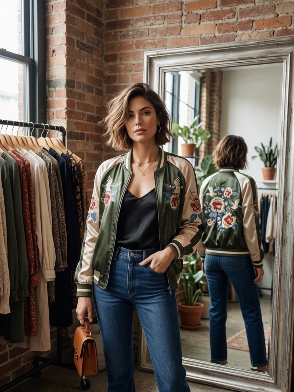 Embroidered Olive Satin Bomber Jacket with Beige Sleeves